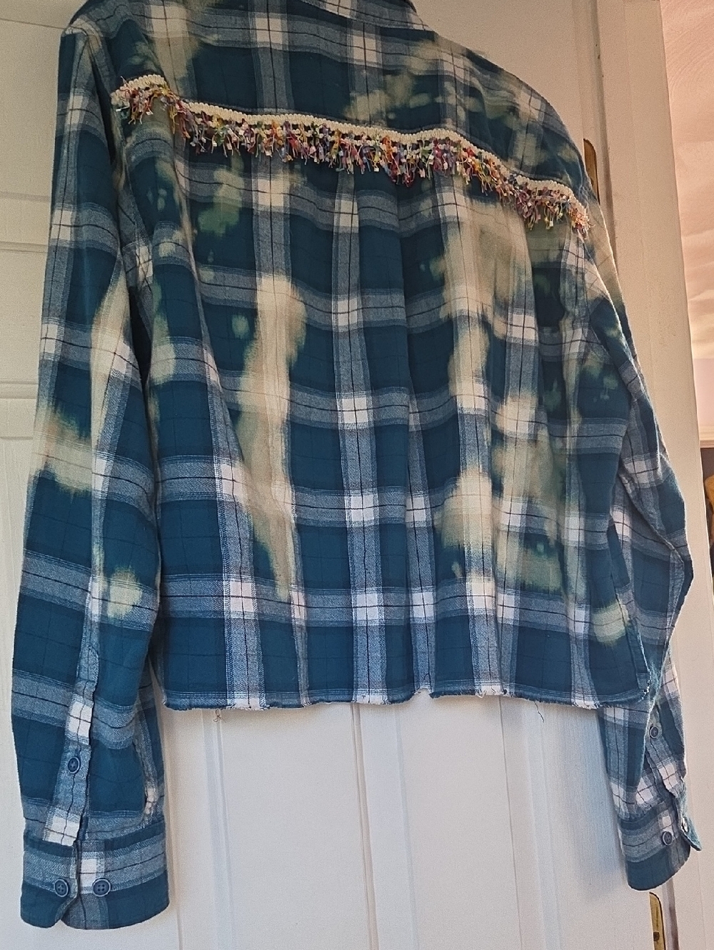 Upcycled Boho  Blue Plaid Fringe Shirt